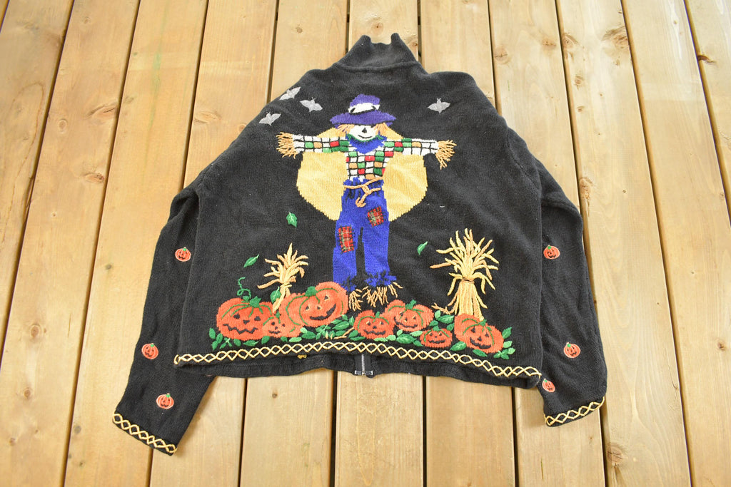 Vintage 1990s Studio Boo Patchwork Embroidered Full Zip Knit Sweater Women's Large