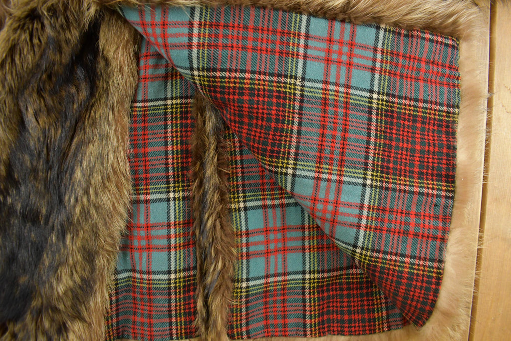 Vintage 1970s Brown Racoon Fur Plaid Lined Coat Men's Large