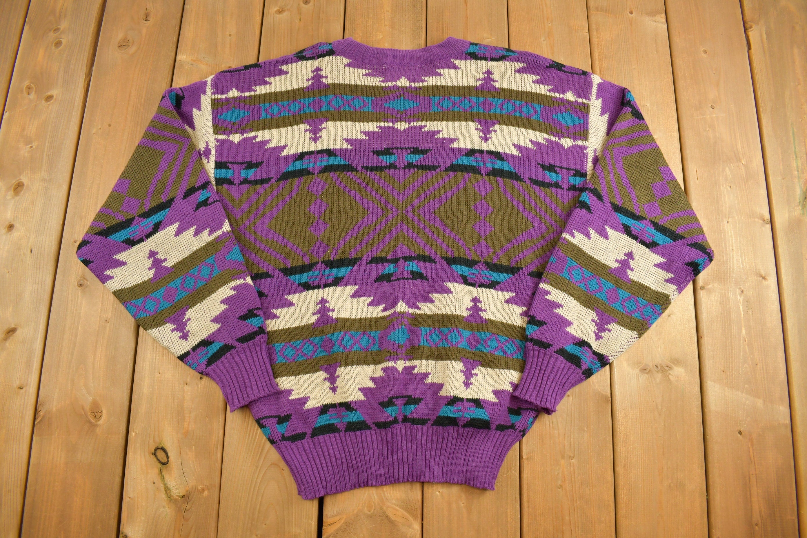 Vintage 1990s Trend Basics Knitted Chevron Geometric Crewneck Sweater  Vintage 90s Crewneck  All Over Pattern  Abstract Pattern