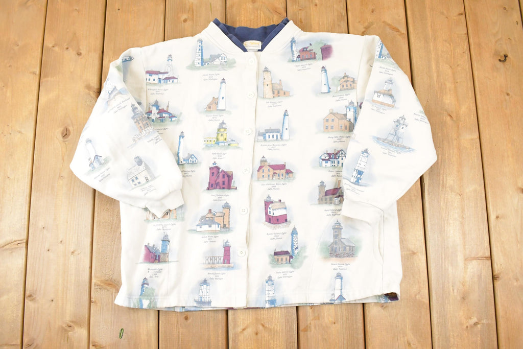 Vintage 1990s Artisans AOP Lighthouse Double Collar Button Up Graphic Print Crewneck Sweatshirt Women's L