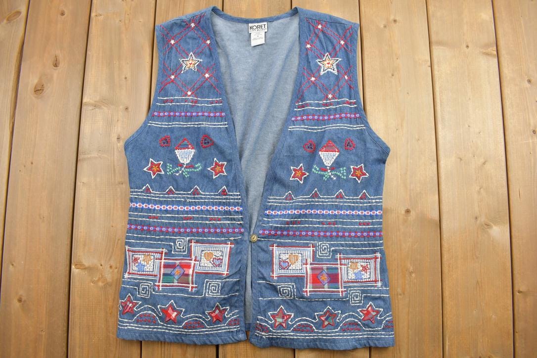 Vintage 1990s KORET City Blues Embroidered Button Up Vest / 1990s Button Up Vest / Vintage Vest / Embroidered Vest /