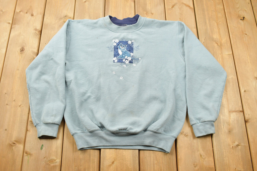 Vintage 1990s Top Stitch Cat Theme Morning Sun Crewneck Sweater  90s Crewneck  Grandma Sweater  Streetwear  Made In USA  Animal Theme