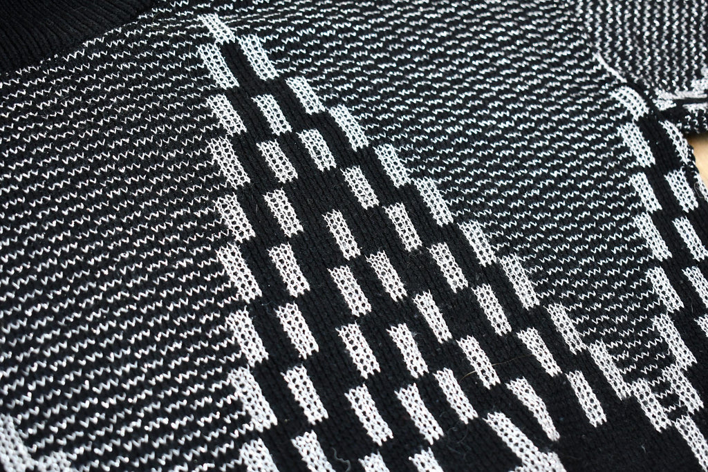 Vintage 1990s Fortune Knits Black and White Abstract Patterned Knit Turtleneck Sweater