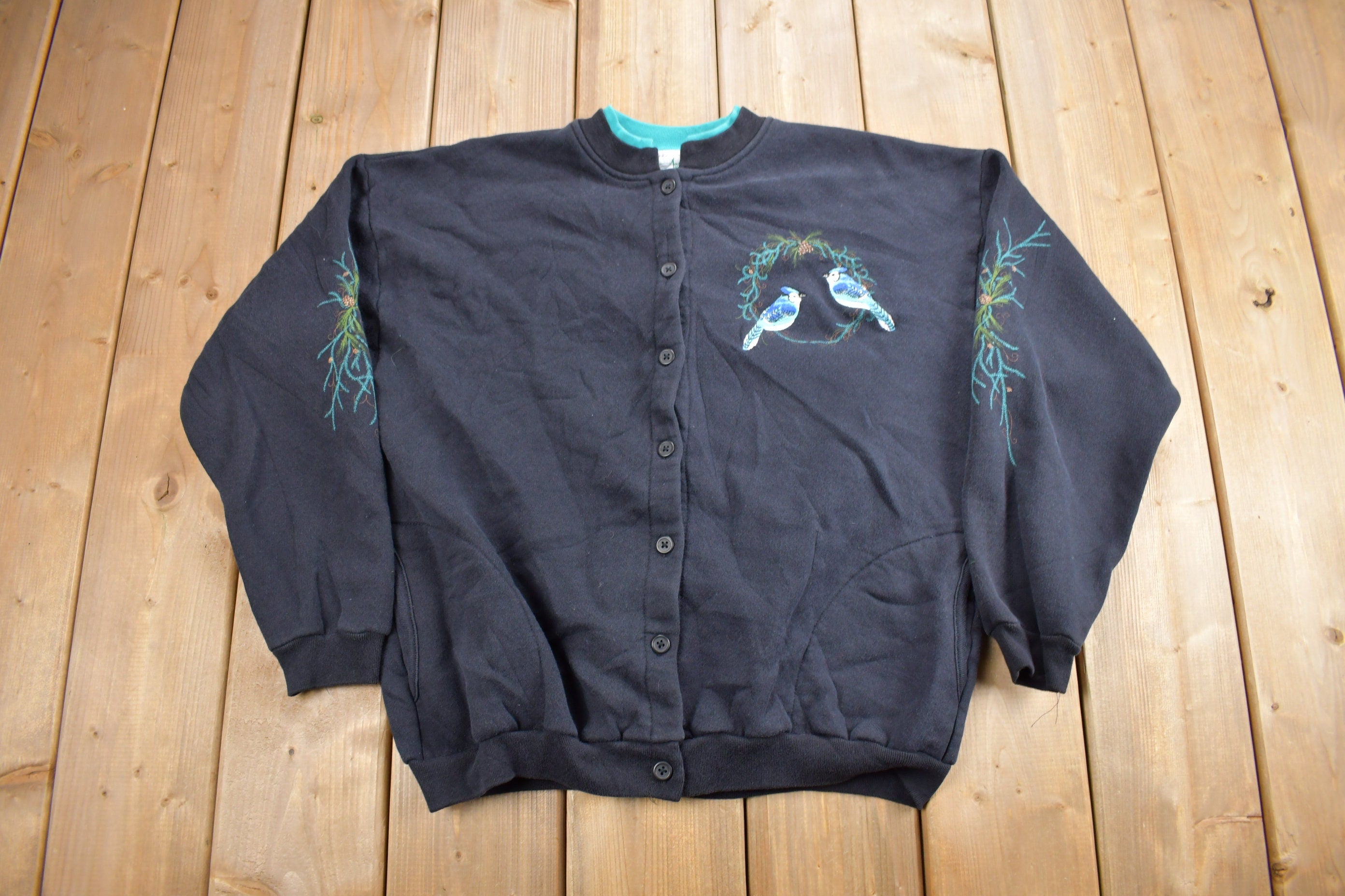 Vintage 1990s Artisans Blue Jays Theme Button Up Sweater