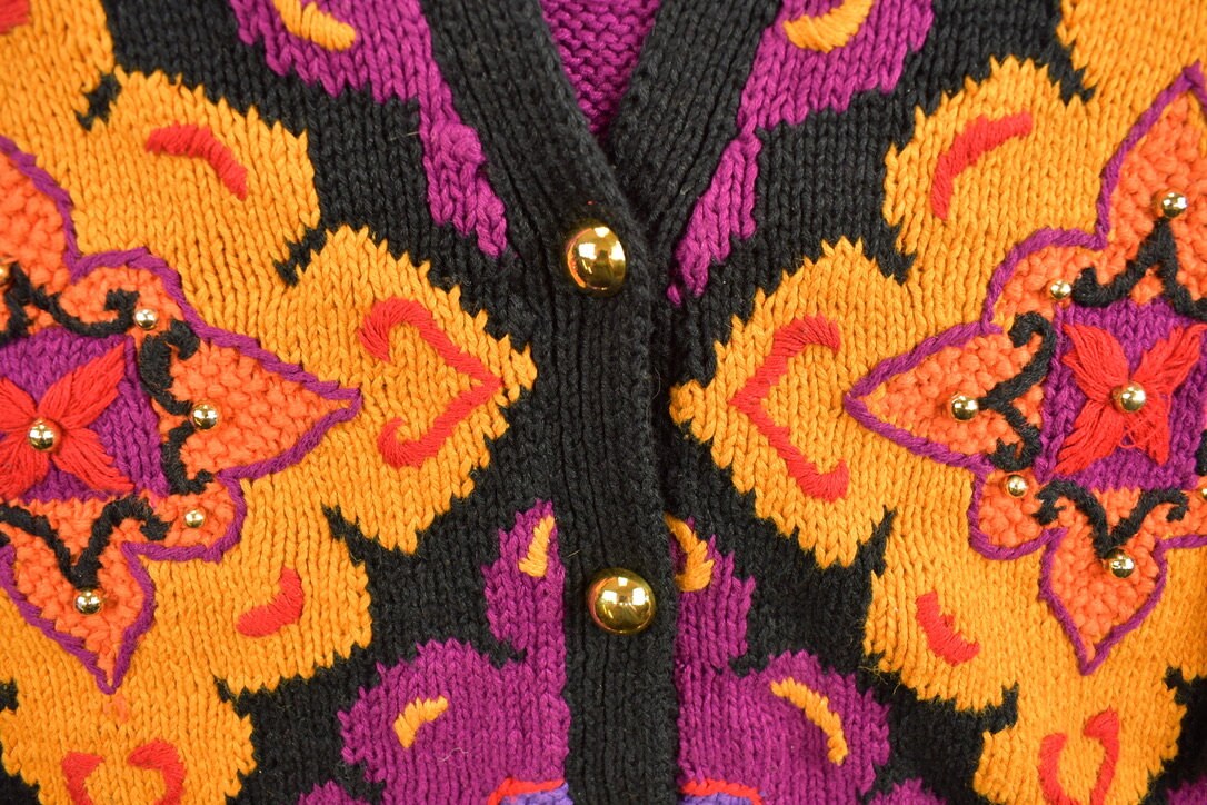 Vintage 1980s Abstract Knitting Needles Cardigan Sweater