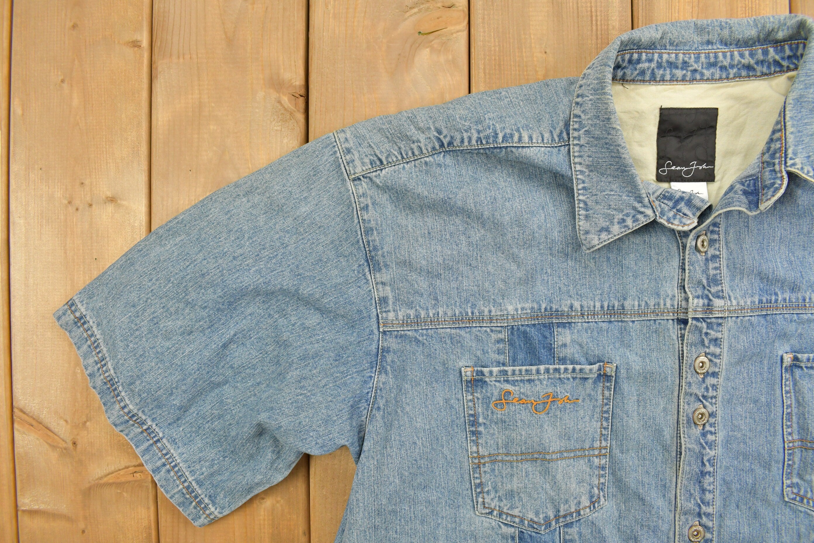 Vintage Denim Embroidered Short Sleeve Button Up Shirt