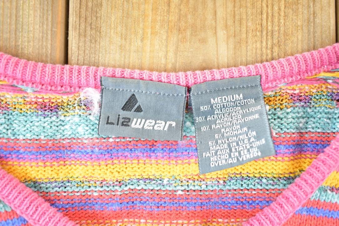Vintage 1990s Liz Wear Mohair Knit Abstract Pattern Button Up Crewneck Sweater Womens M