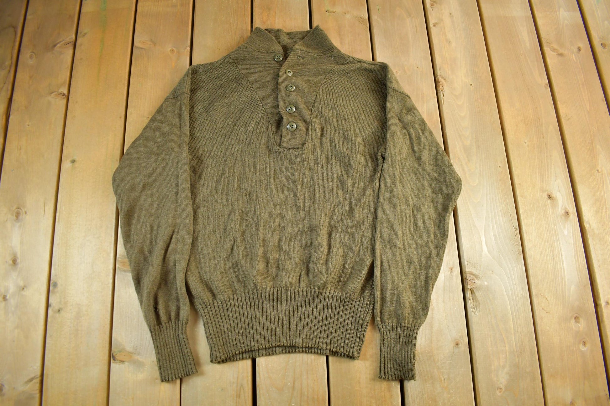 Vintage 1980s 1990s Military Olive Henley Knit Sweater Men's Medium