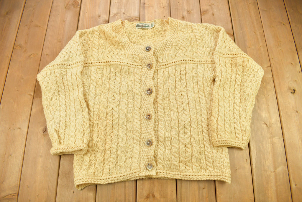 Vintage 1990s Aran Crafts 100% Wool 3D Cable Knit Cardigan Sweater