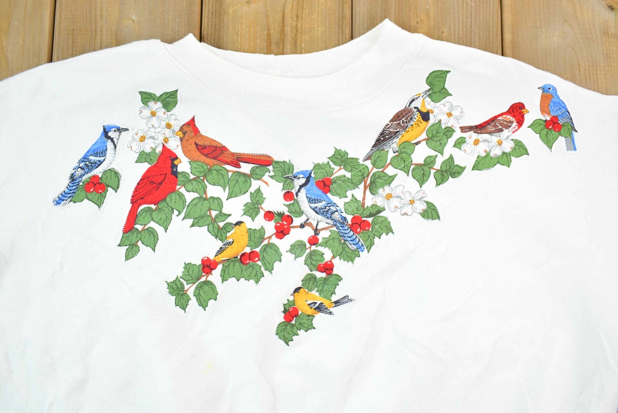 Vintage 1990s Multi Bird All Over Print Embroidered Crewneck Sweater
