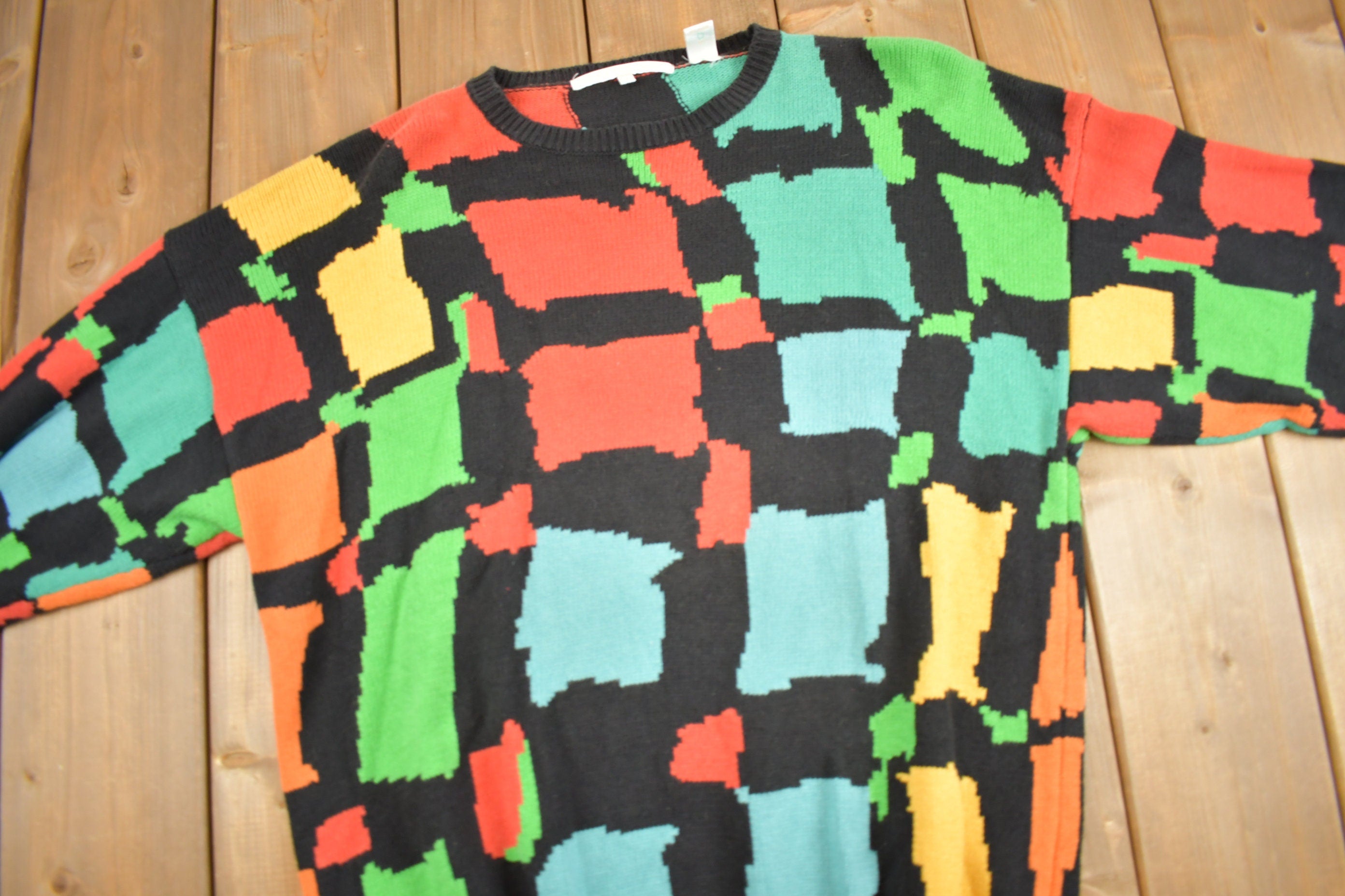 Vintage 1990s Perry Ellis Abstract Colour Block Knit Sweater