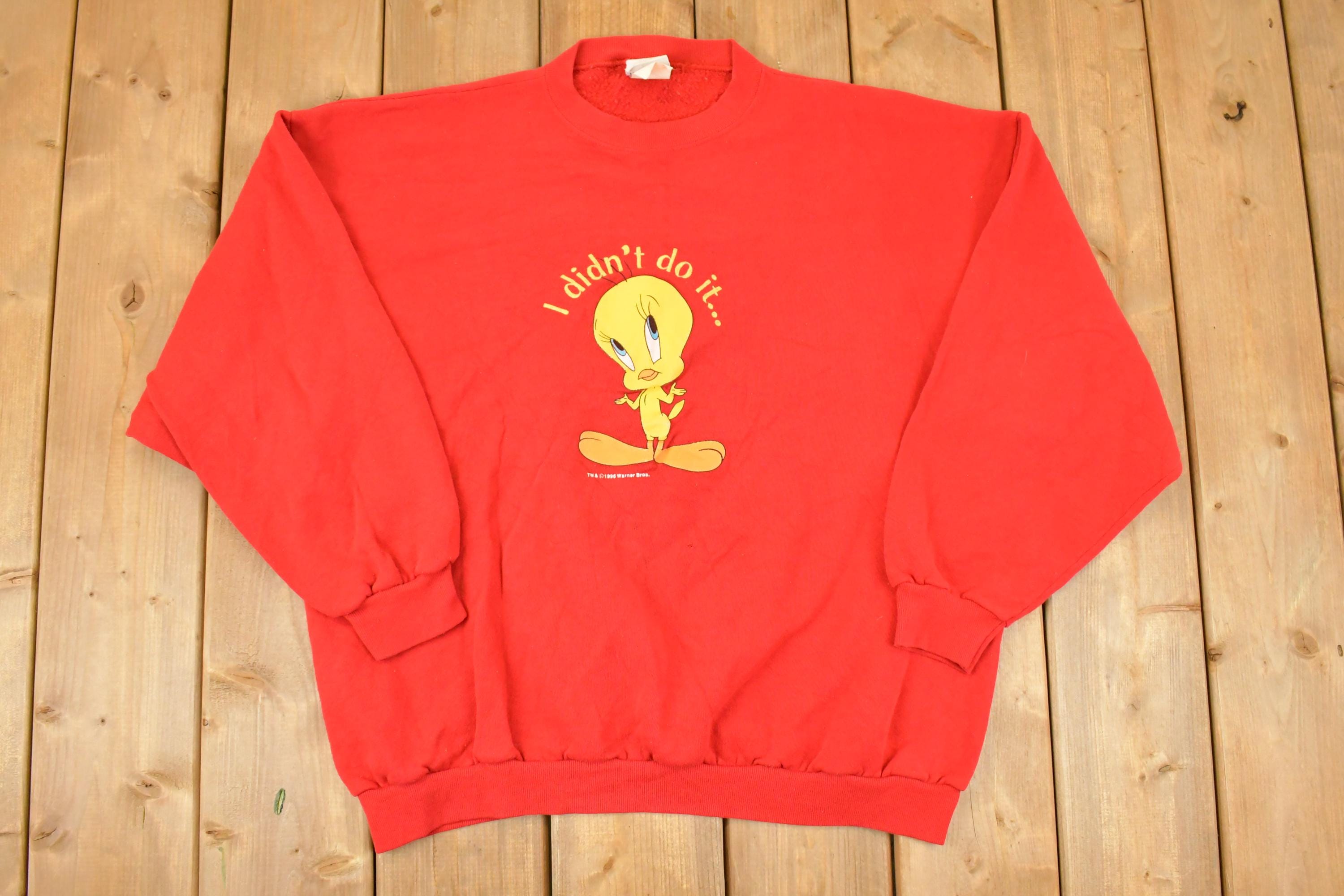 Vintage 1996 Tweety Bird I Didn't Do It Looney Tunes Cartoon Graphic Print Crewneck Sweater