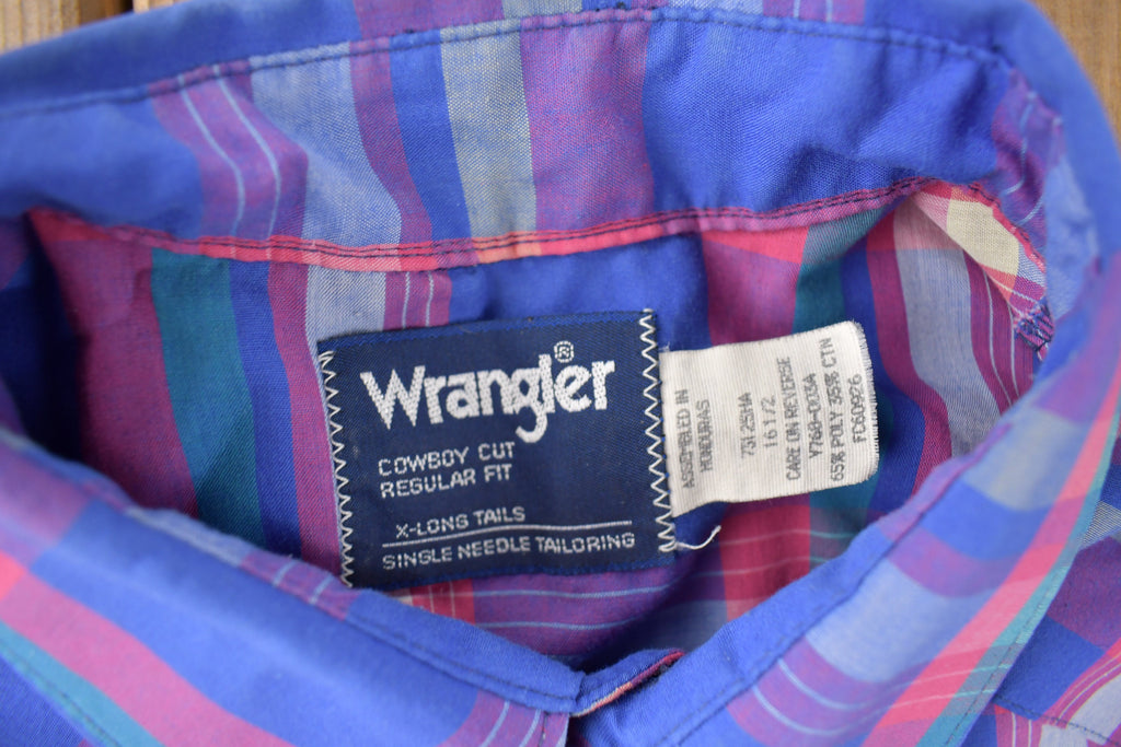 Vintage 1990s Wrangler Cowboy Cut X Long Tails Western Style Pearl Snap Button Up Plaid Shirt