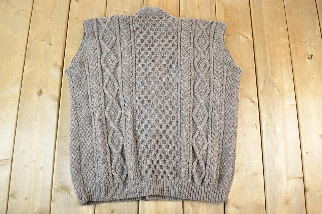 Vintage 1990s John Molloy Cable Knit Perfect Mild Distress Cardigan Sweater Vest Made In Ireland