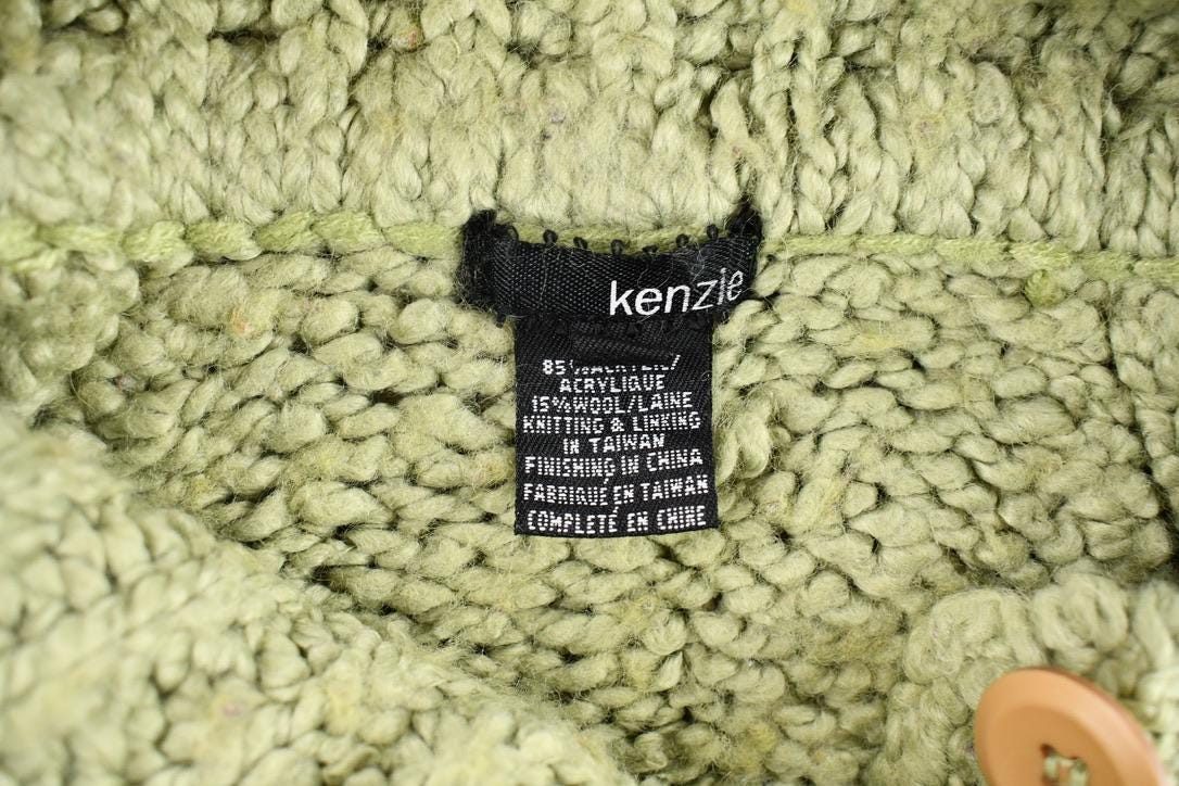 Vintage 1990s Women's Sage Green Kenzie Button Detail Ribbed Chunky Knit Mock Neck Sweater