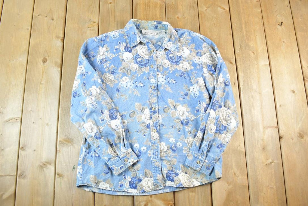 Vintage 1990s Casey And Max Denim AOP Floral Button Up Shirt Womens L