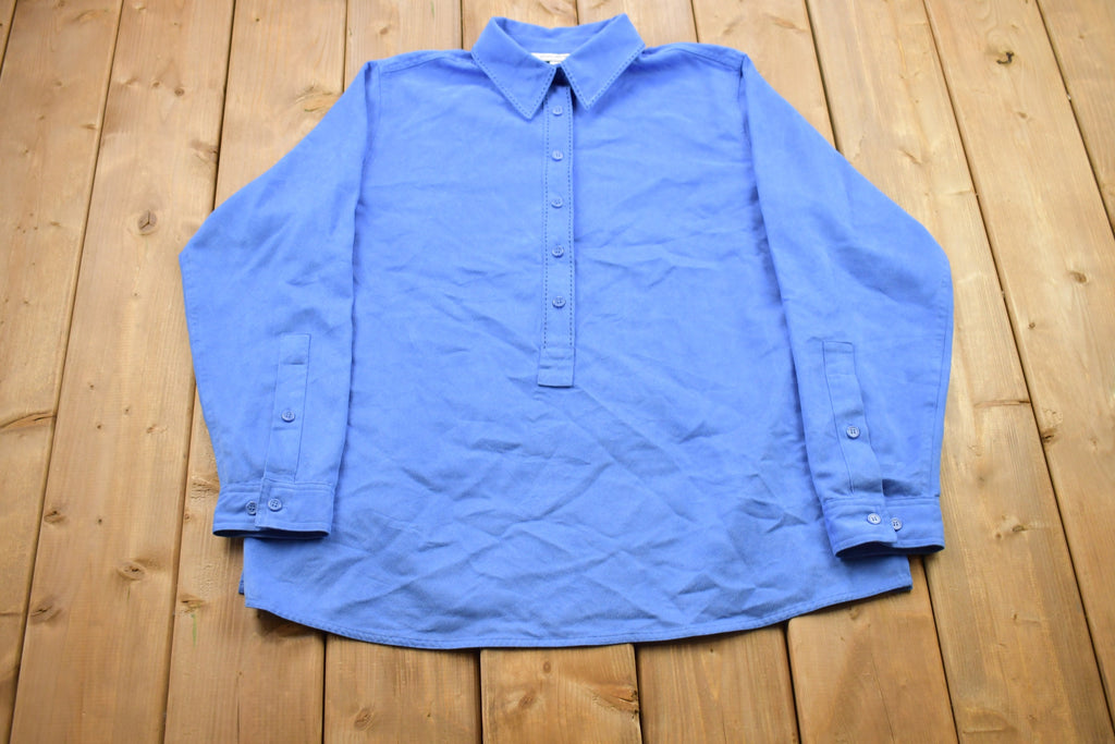 Vintage 1990s Bright Blue August Max Blank Half Button Up Shirt / 1990s Button Up / Vintage Flannel / Basic Button Up / Vintage August Max