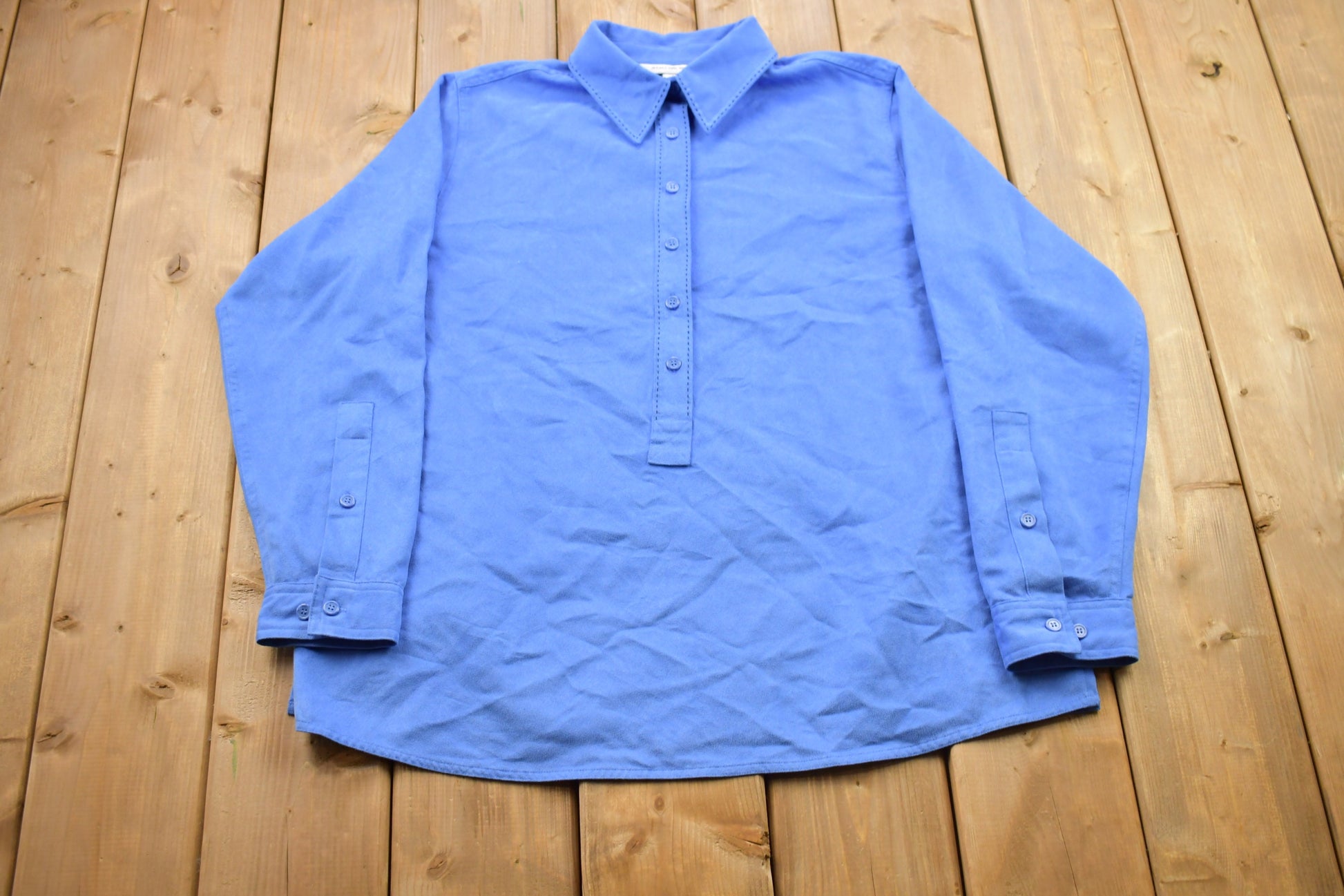 Vintage 1990s Bright Blue August Max Blank Half Button Up Shirt / 1990s Button Up / Vintage Flannel / Basic Button Up / Vintage August Max