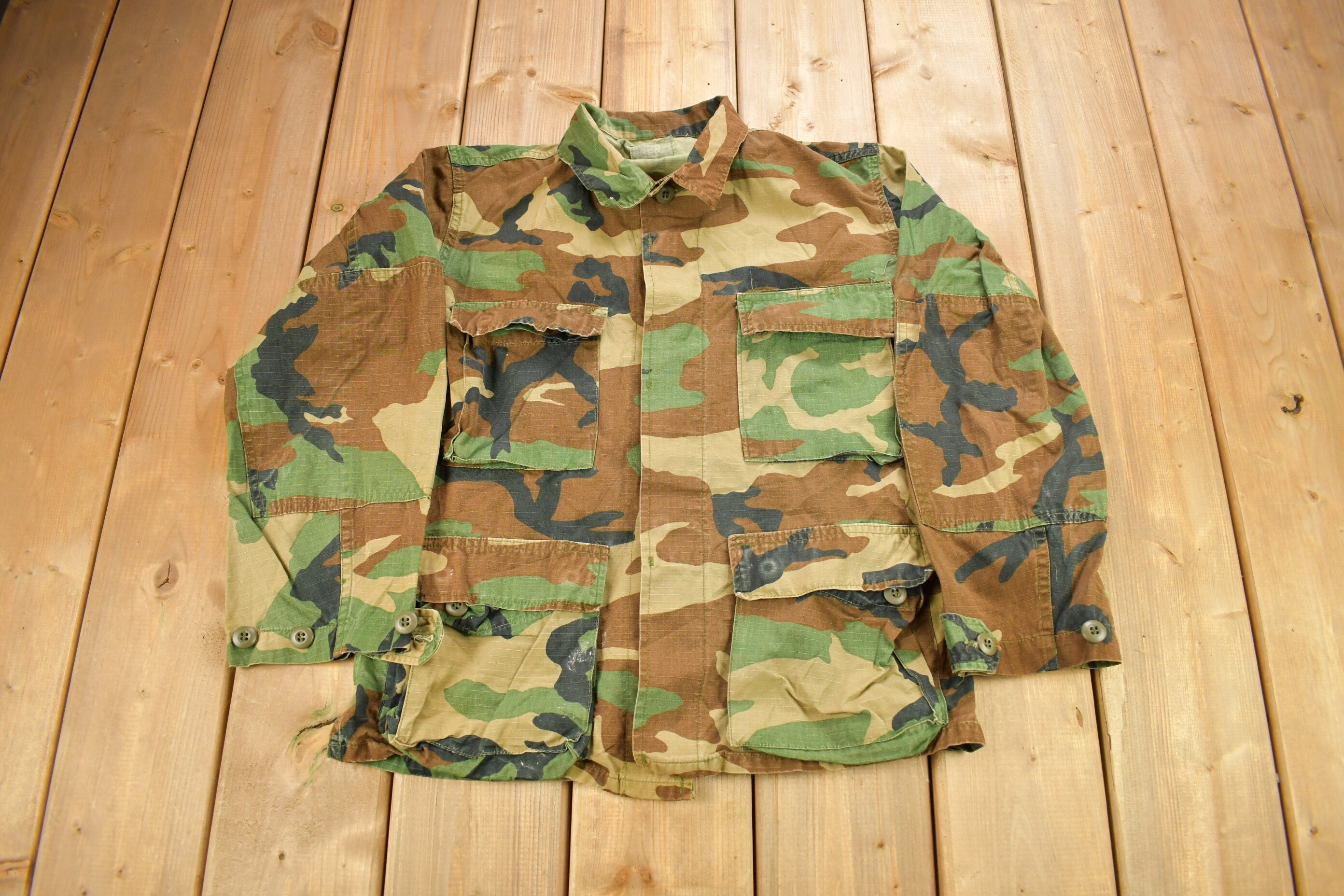Vintage Military Woodland Camouflaged Button Up Shirt