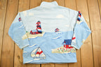 Vintage 1990s Northern Reflections Sailing Boat Theme Fleece Sweater / Streetwear / All Over Pattern / Zip Up Sweater