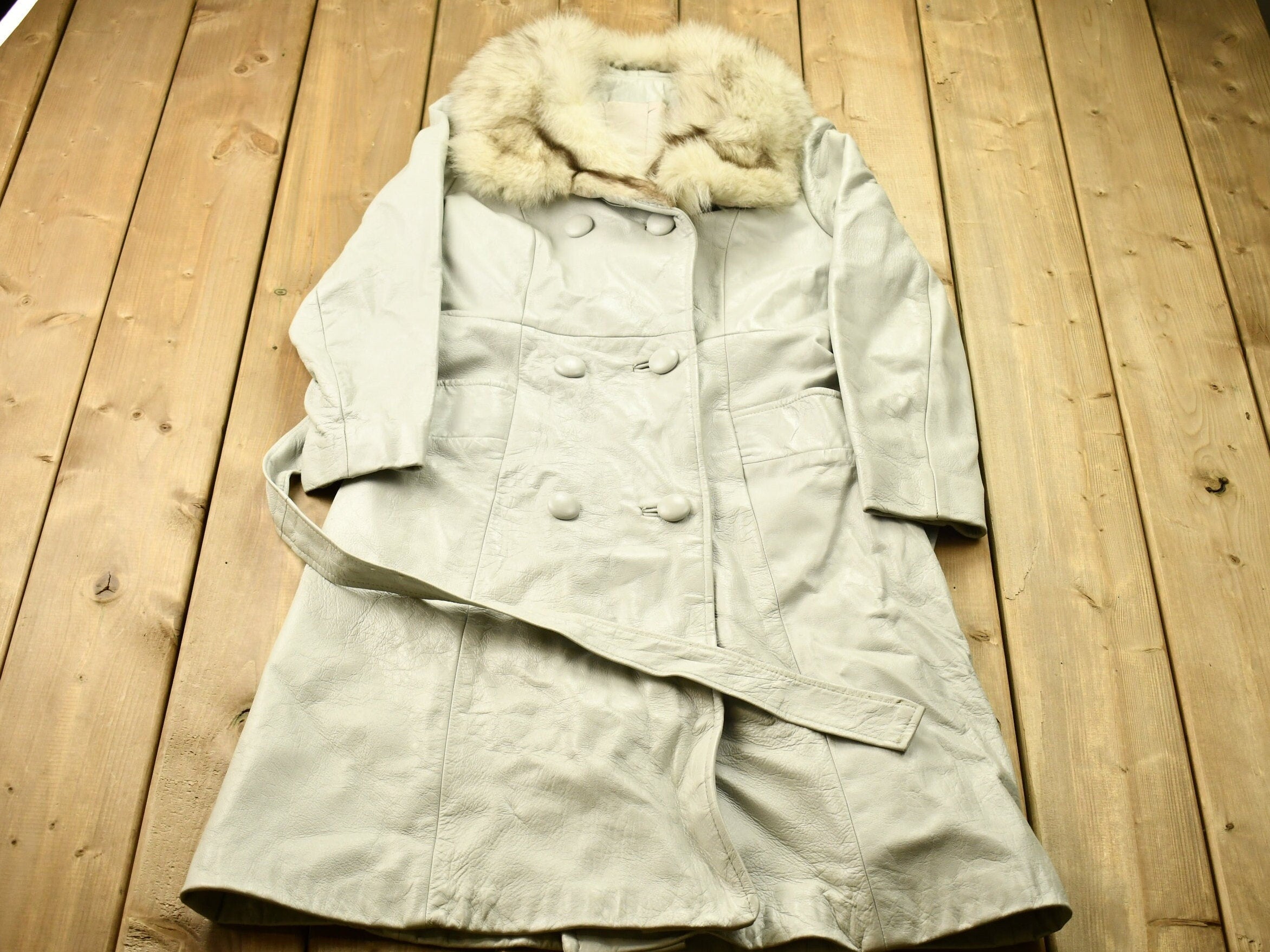 Vintage 1970s Off White Leather With Grey Fox Trim Penny Lane Trench Coat