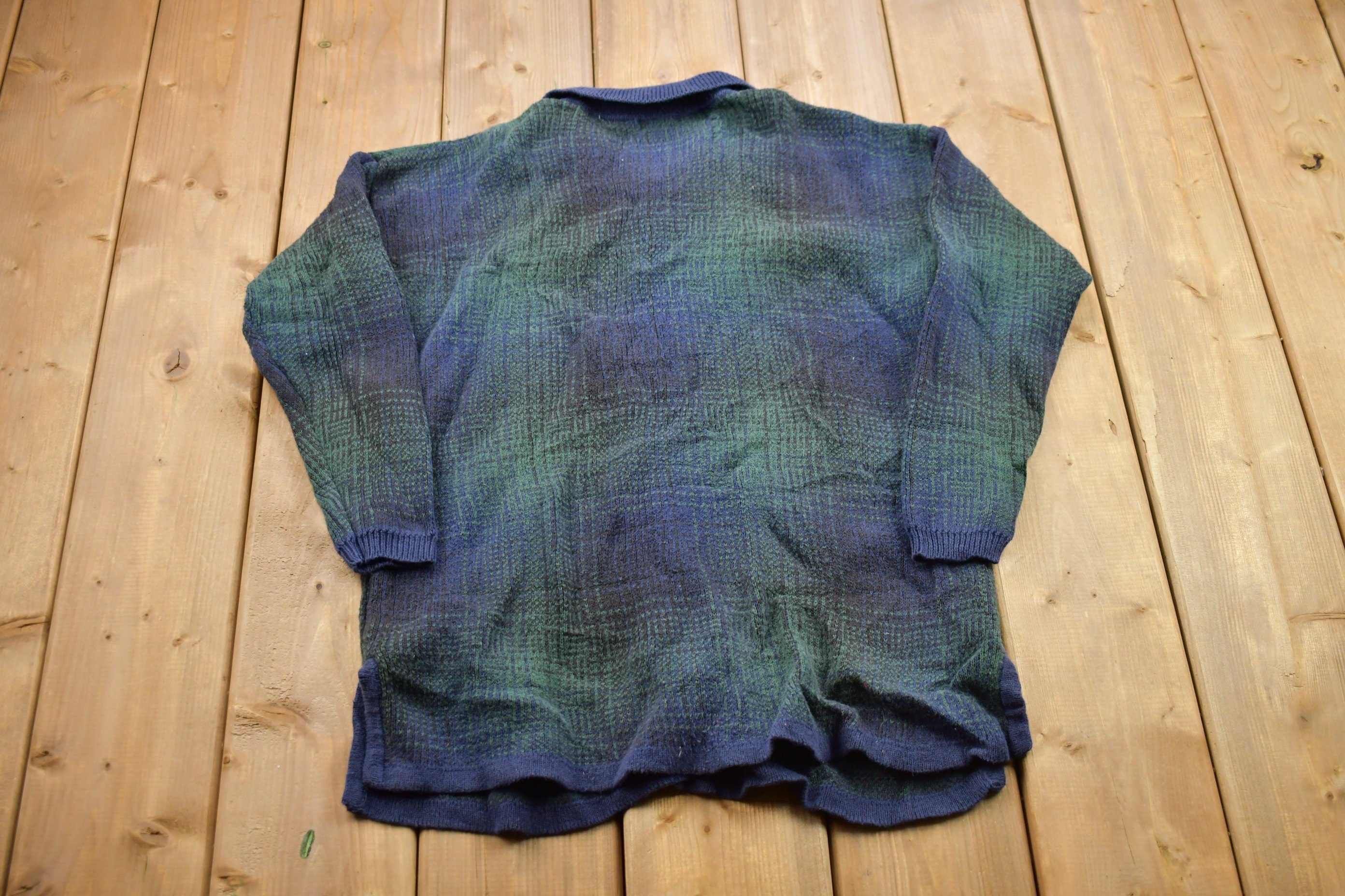 Vintage 1990s Plaid Knitted Button Up Collared Sweater