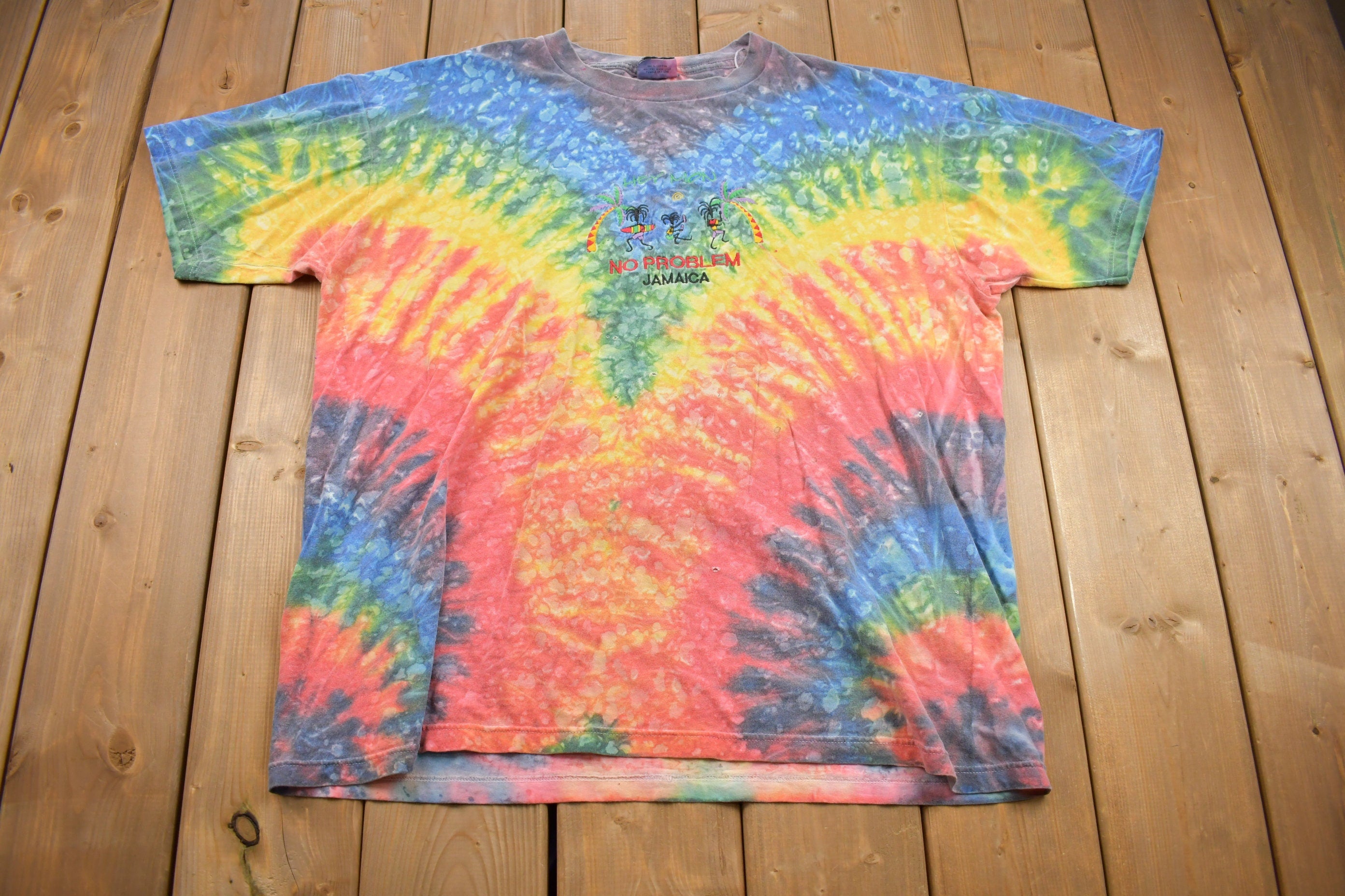 Vintage 1990s No Problem Jamaica Embroidered Tie Dye Souvenir T Shirt