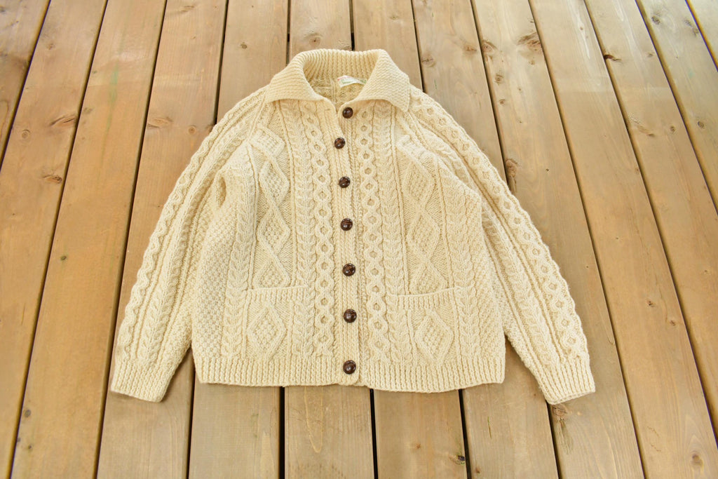 Vintage 1970s Hand Knit Wool 3D Cable Knit Cardigan Sweater Women's Medium