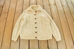 Vintage 1970s Hand Knit Wool 3D Cable Knit Cardigan Sweater Women's Medium