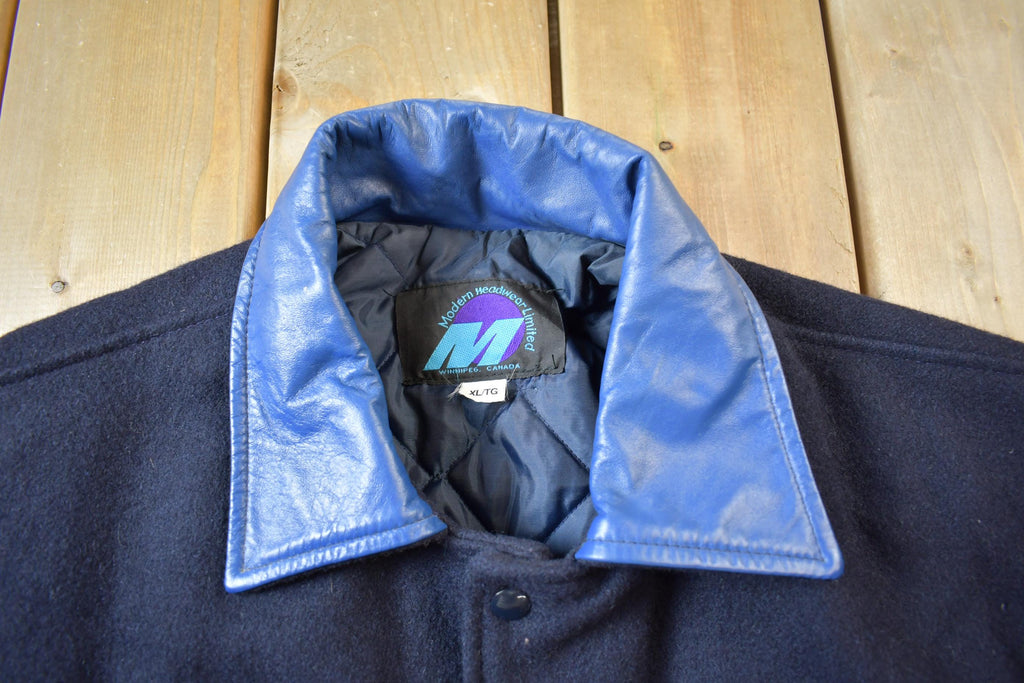 Vintage 1990s Manitoba Hydro Embroidered Logo Leather & Wool Varsity Jacket