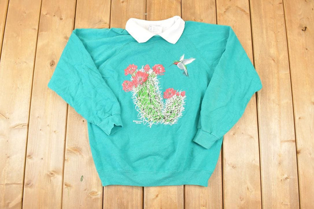 Vintage 1990s Morning Sun Hummingbird Graphic Print Collared Sweatshirt Women's L