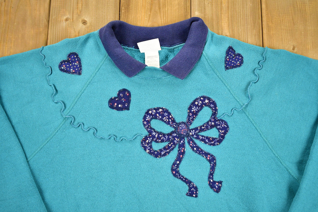 Vintage 1980s Embroidered Hearts Graphic Raglan Cut Crewneck