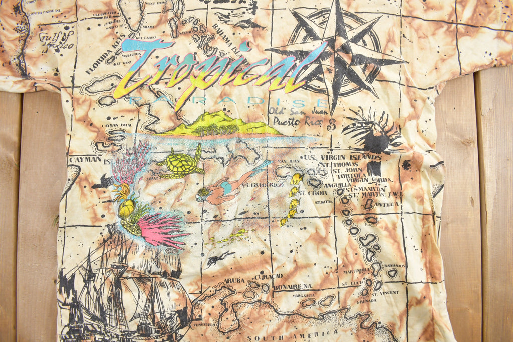 Vintage 1990s Tropical Paradise All Over Print Map Theme Souvenir T Shirt