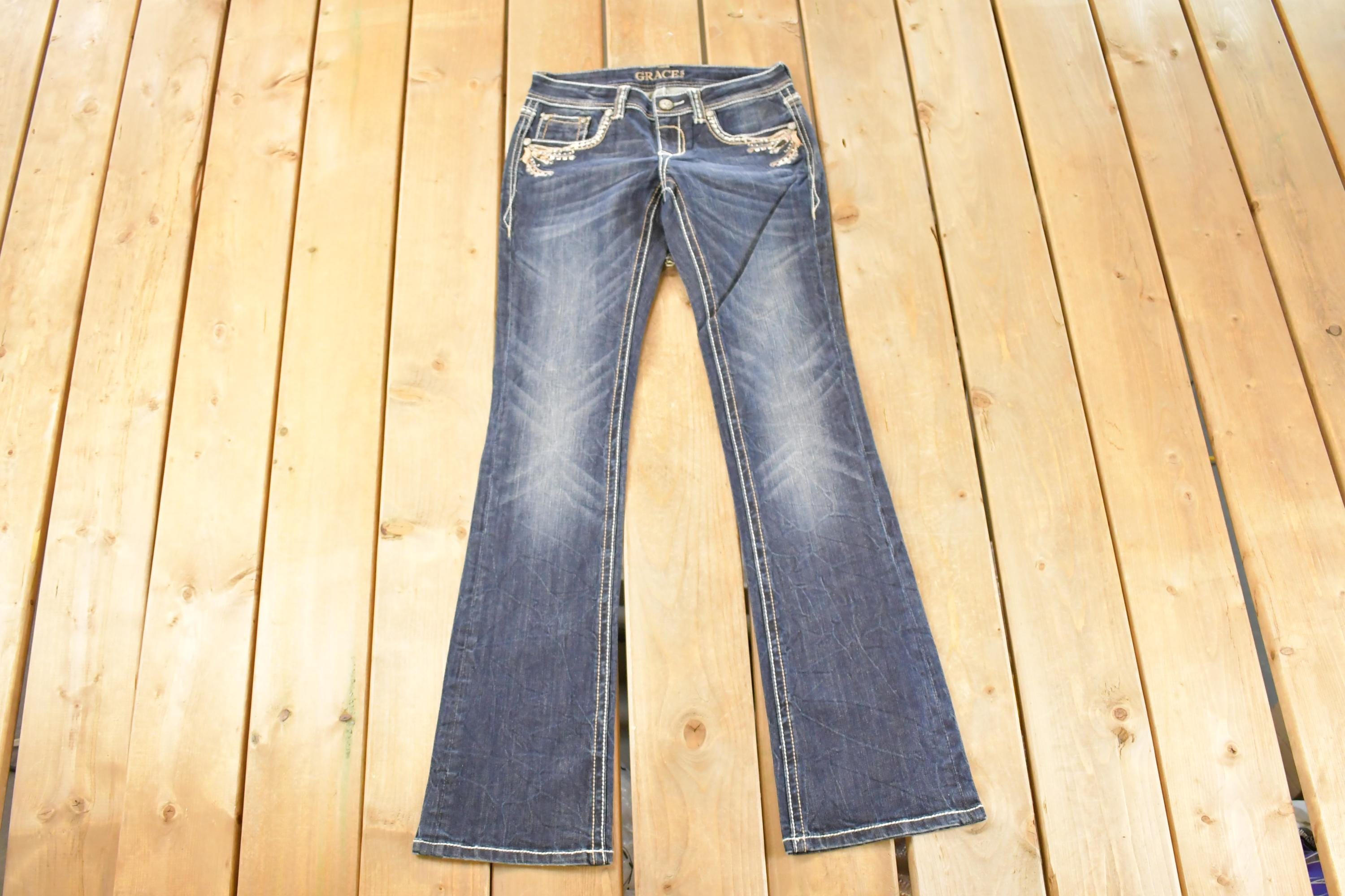 Vintage Deadstock Y2K Grace In LA Bedazzled Bootcut Low Rise Jeans Women's Size 26 x 31