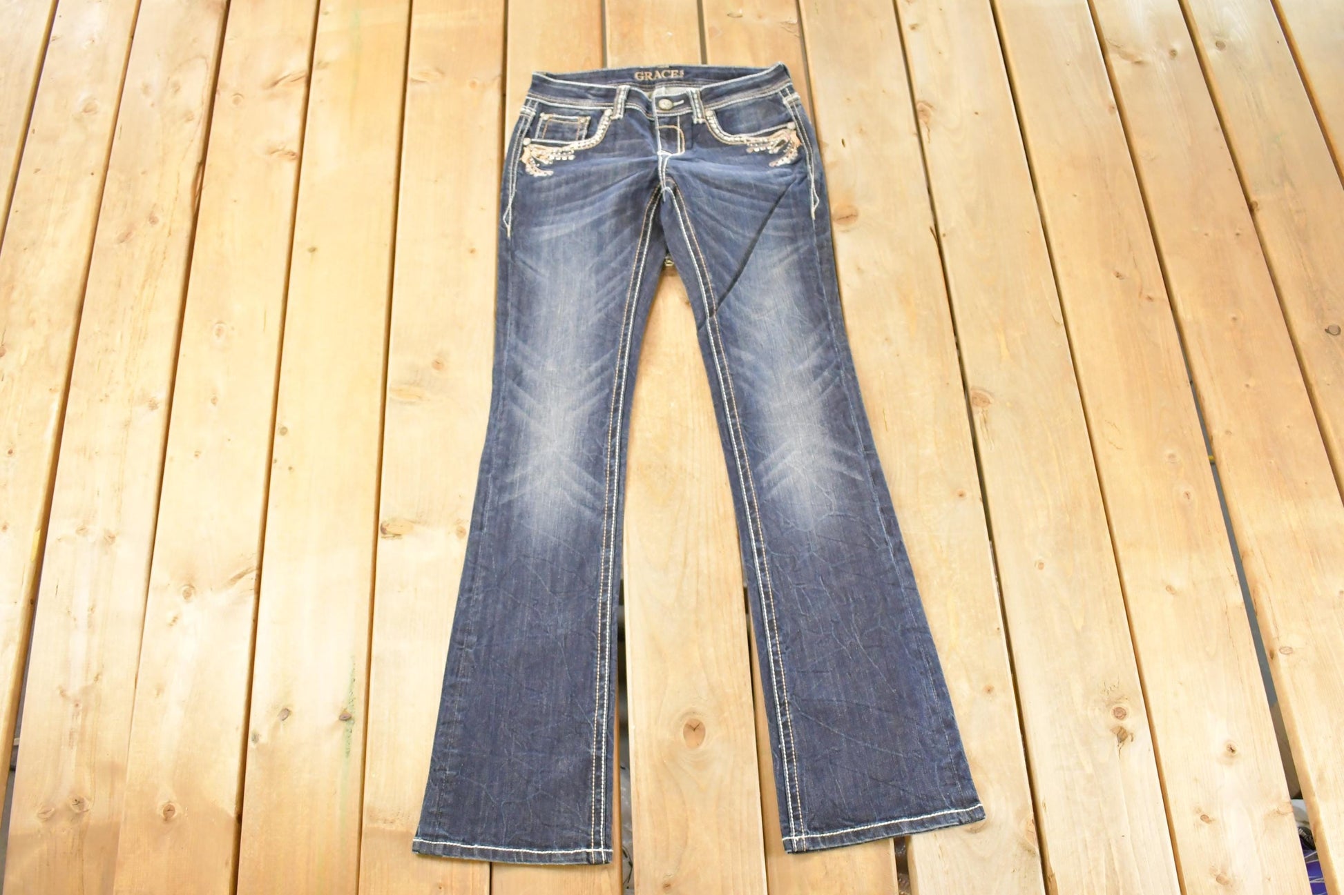 Vintage Deadstock Y2K Grace In LA Bedazzled Bootcut Low Rise Jeans Women's Size 26 x 31