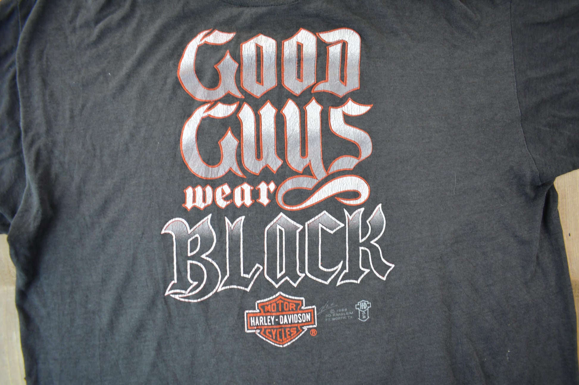 Vintage 1986 Harley Davidson Good guys Wear Black 3 Emblem T-Shirt / Single Stitch / Made In USA / Biker Tee / Souvenir T Shirt