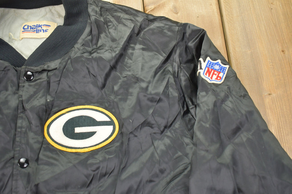 Vintage 1980s Green Bay Packers NFL Chalkline Satin Bomber Jacket