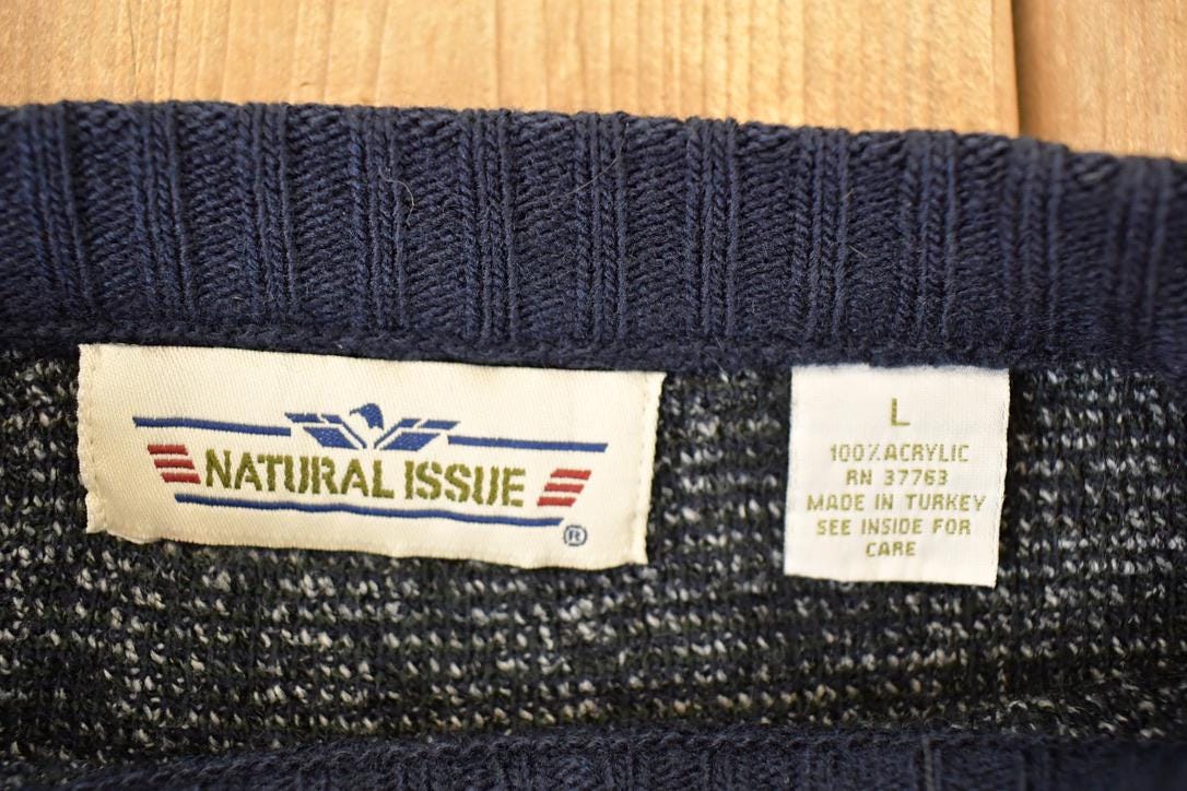 Vintage 1990s Natural Issue Plaid Knit Crewneck Sweater Men's L / 90s Knitted Sweatshirt / Vintage Preppy Knits