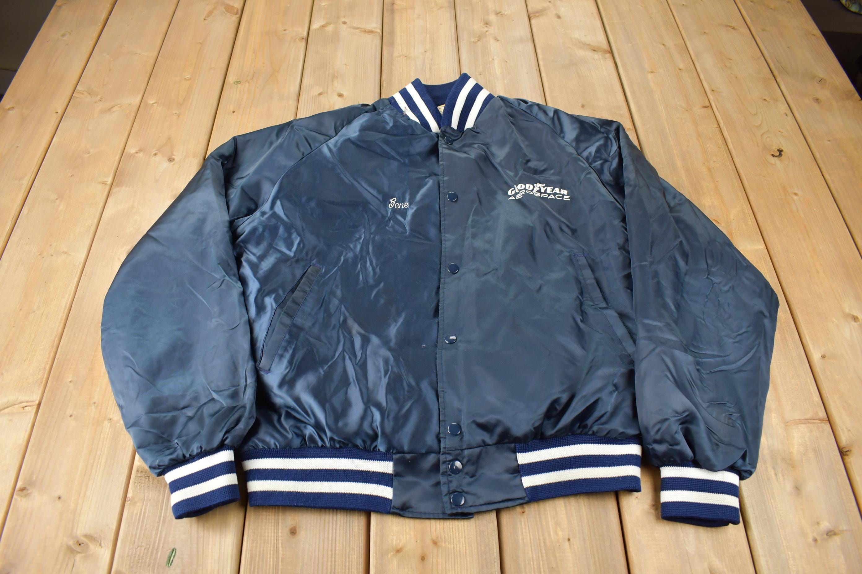 Vintage 1990s Goodyear Aero Space Snap Button Satin Jacket Made In USA