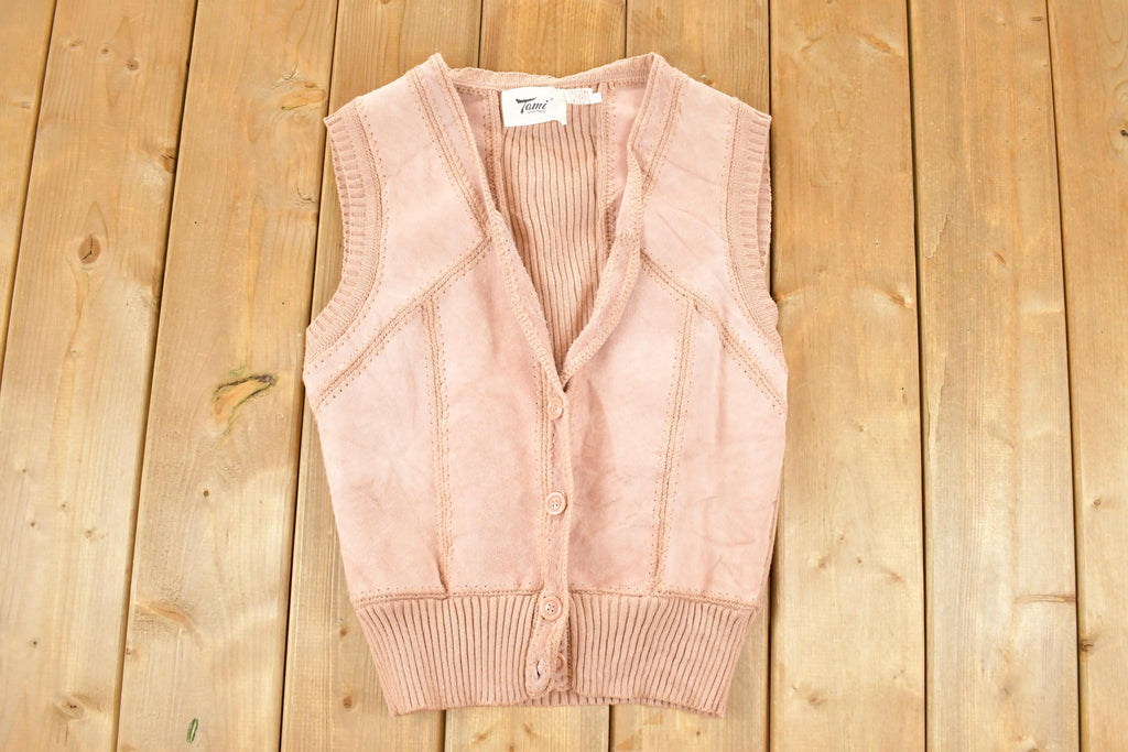 Vintage 1970s Tami Sportswear Abstract Knit Leather Cardigan Sweater Vest Women's S