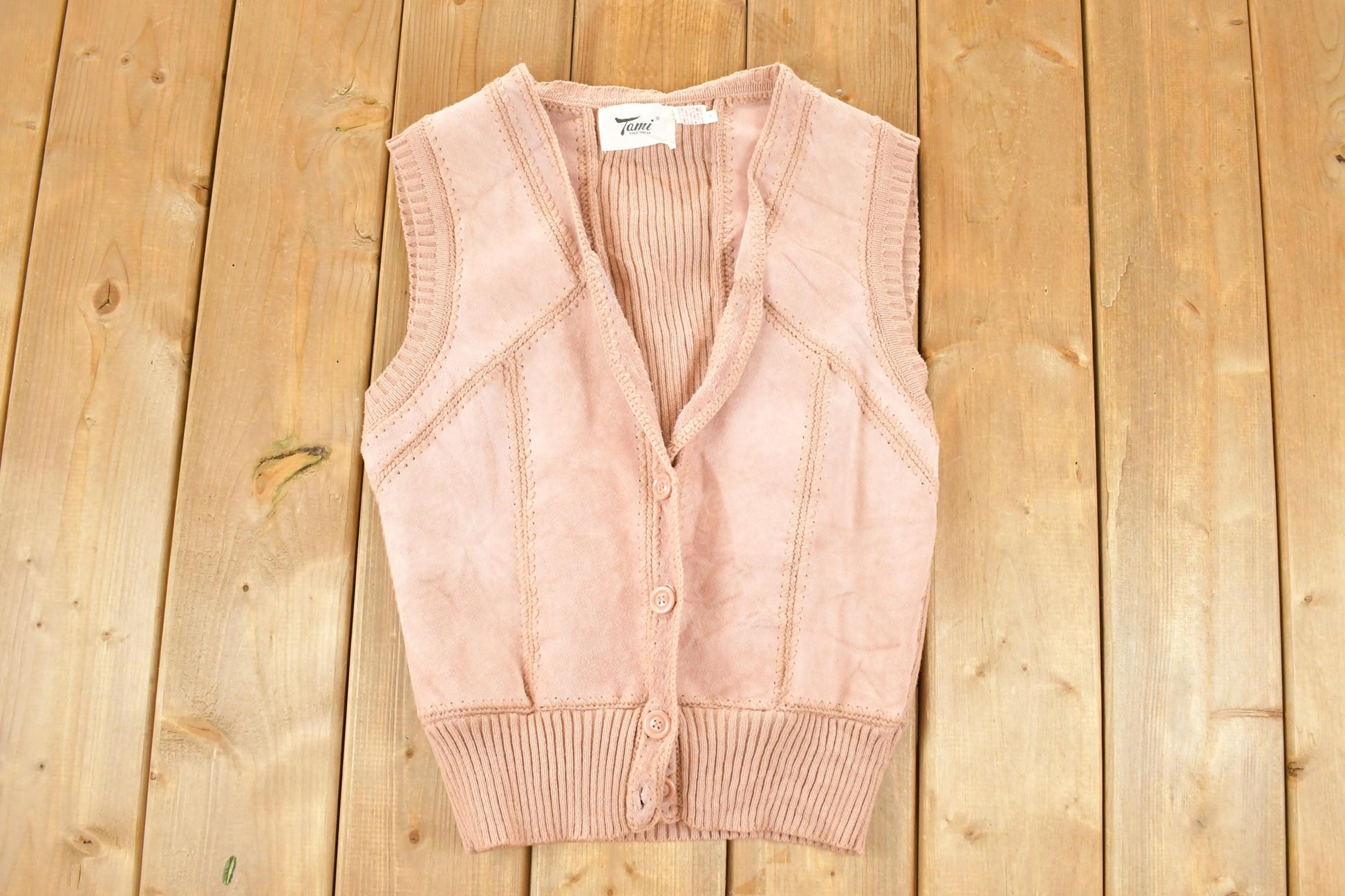 Vintage 1970s Tami Sportswear Abstract Knit Leather Cardigan Sweater Vest Women's S