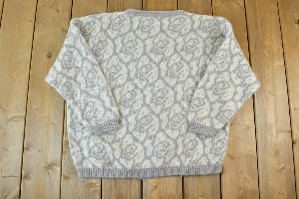 Vintage 1990s Benetton Knit Crewneck Sweater Made In Italy / 90s Crewneck / Abstract Rose Pattern / Preppy Knits