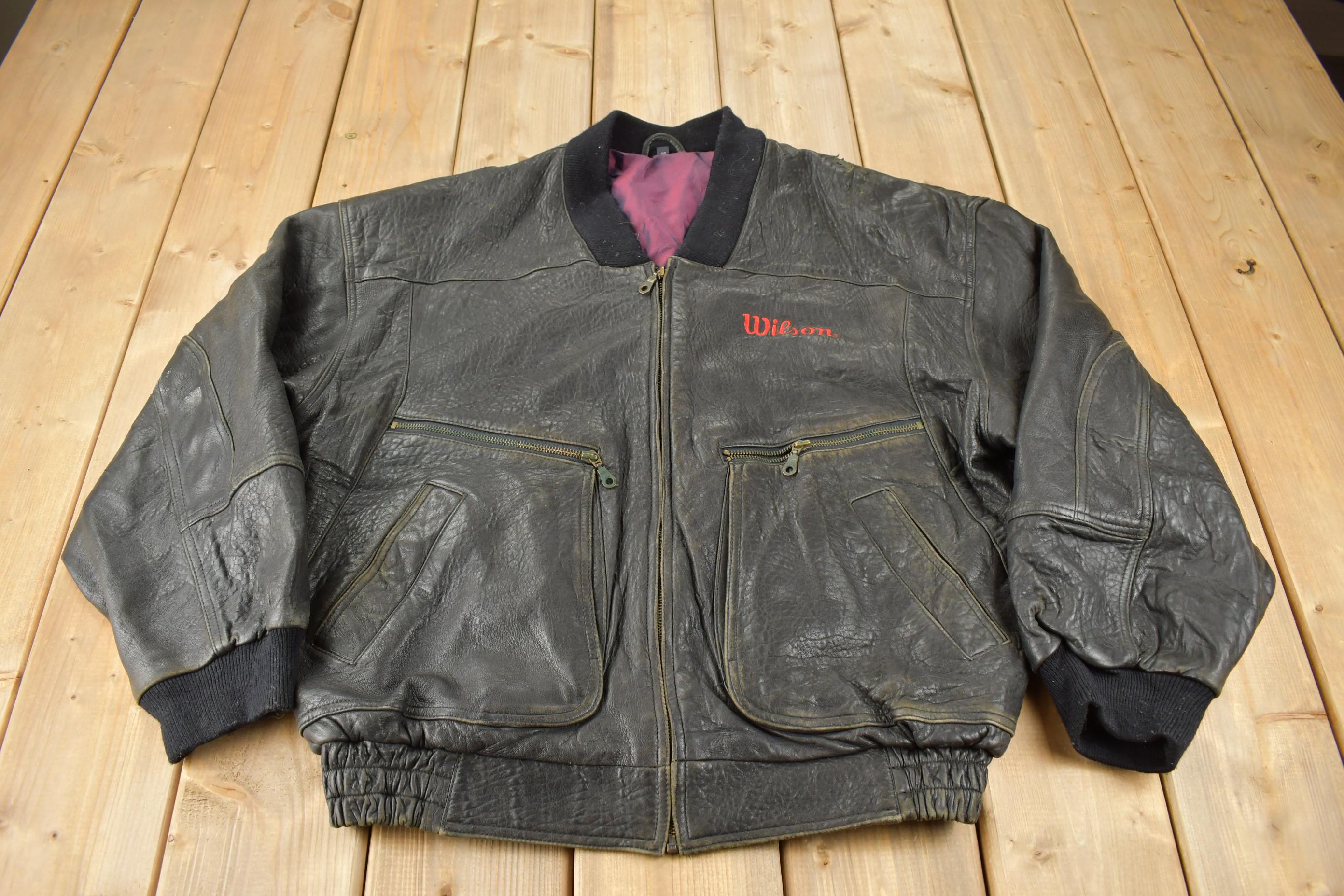 Vintage 1990s Wilson Golf & Tennis Team Embroidered Leather Bomber Jacket Size 46