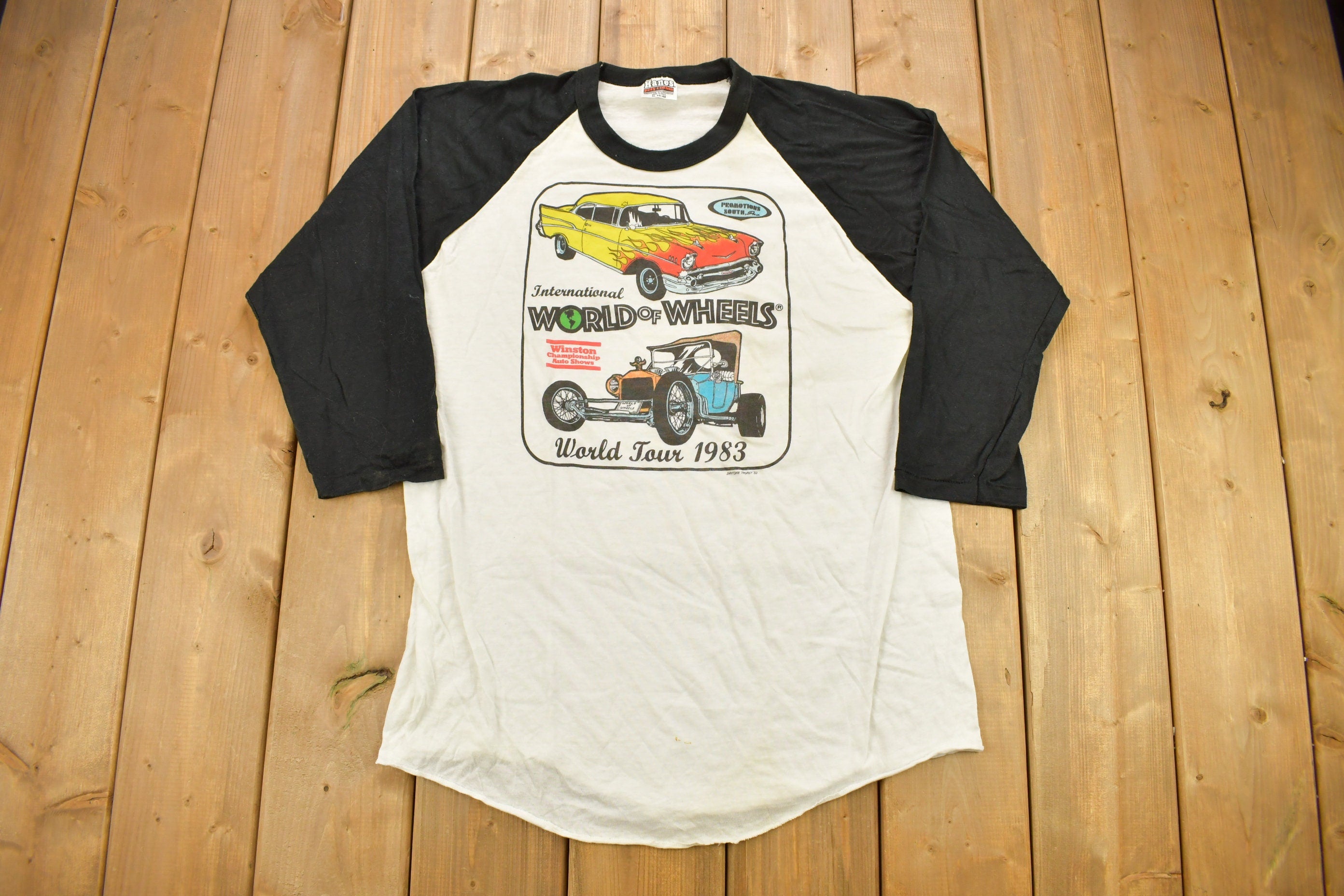 Vintage 1983 World Of Wheels World Tour Graphic Raglan T Shirt Single Stitch