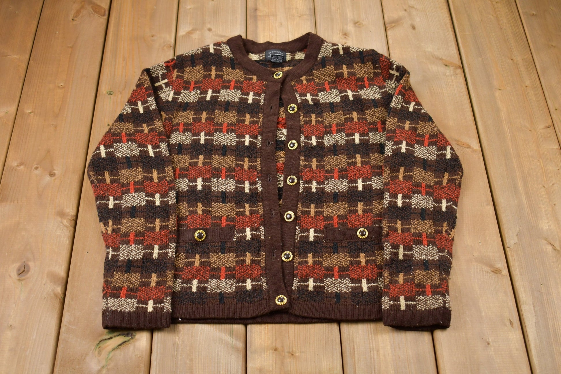 Vintage 1990s Abstract Knitted Sweater / Vintage 90s Cardigan/ Pattern Sweater / Outdoor / Hand Knit / Studio Designer Originals