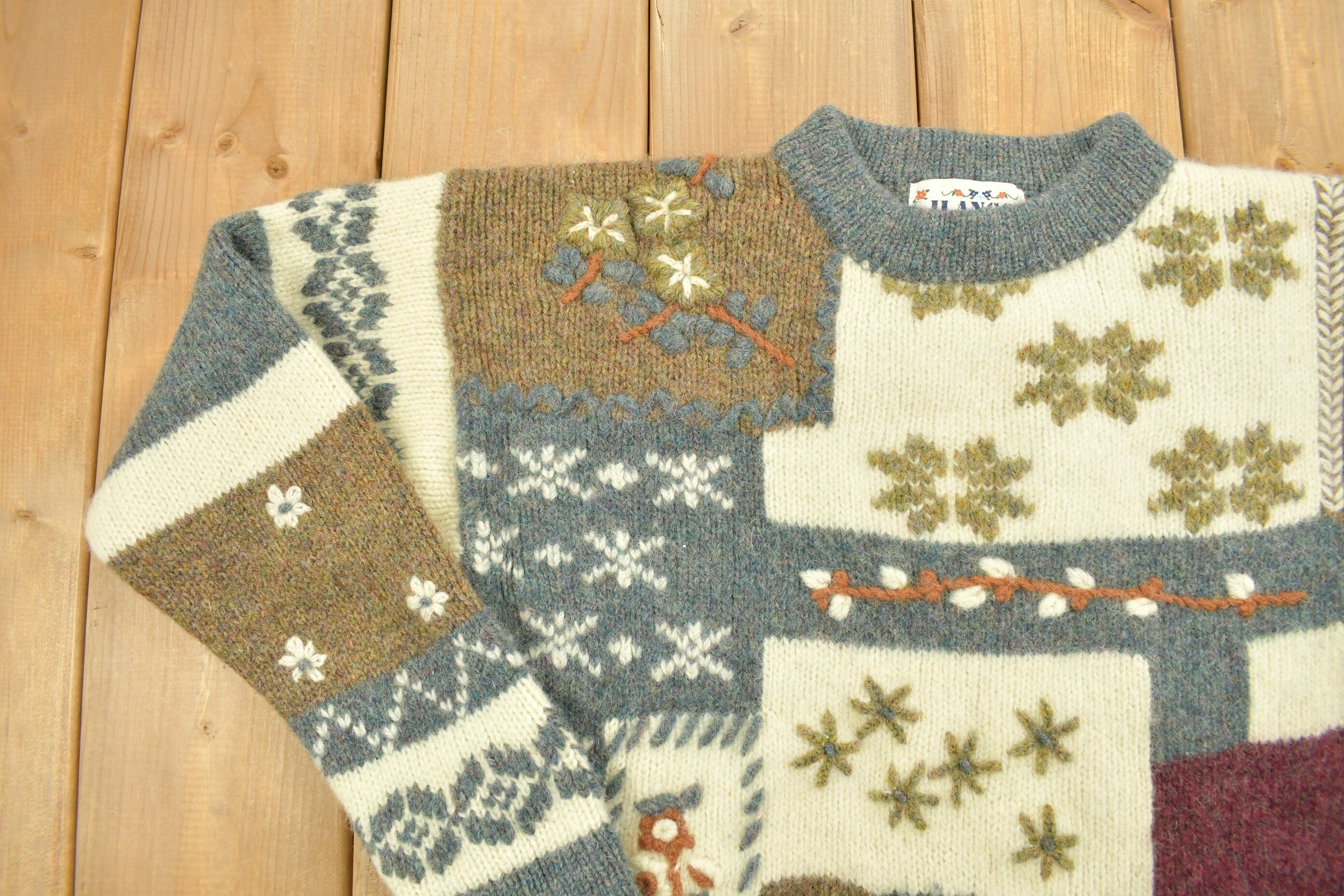 Vintage 1990s Ilanco Patchwork Knitted Crewneck Sweater