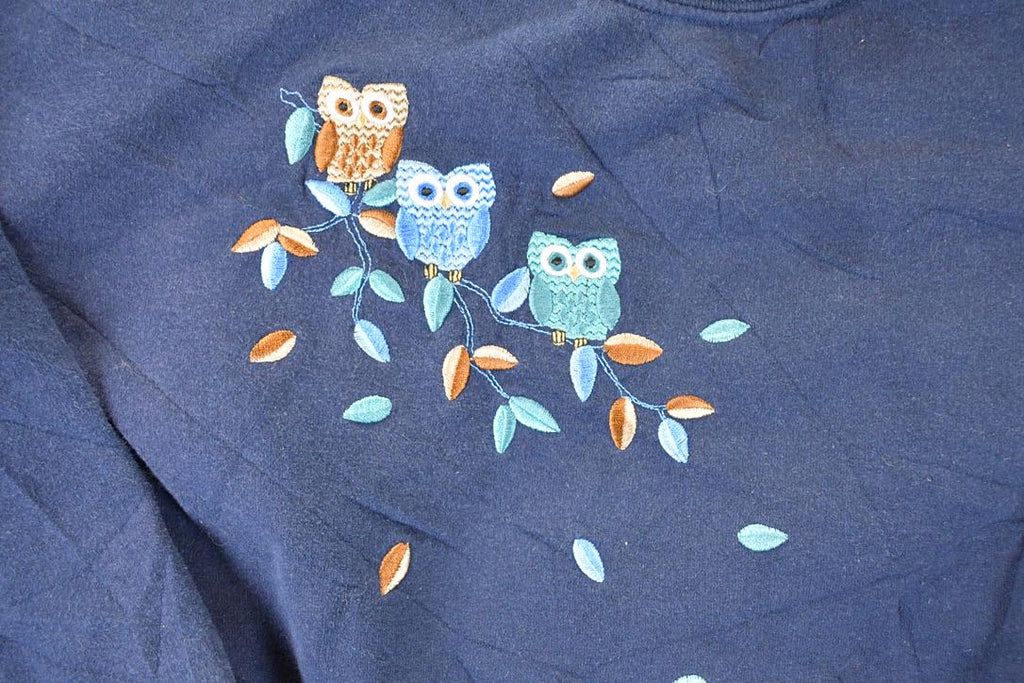 Vintage 1990s Top Stitch 3 Owl Embroidered Double Collar Crewneck Sweatshirt Men's XL Boxy