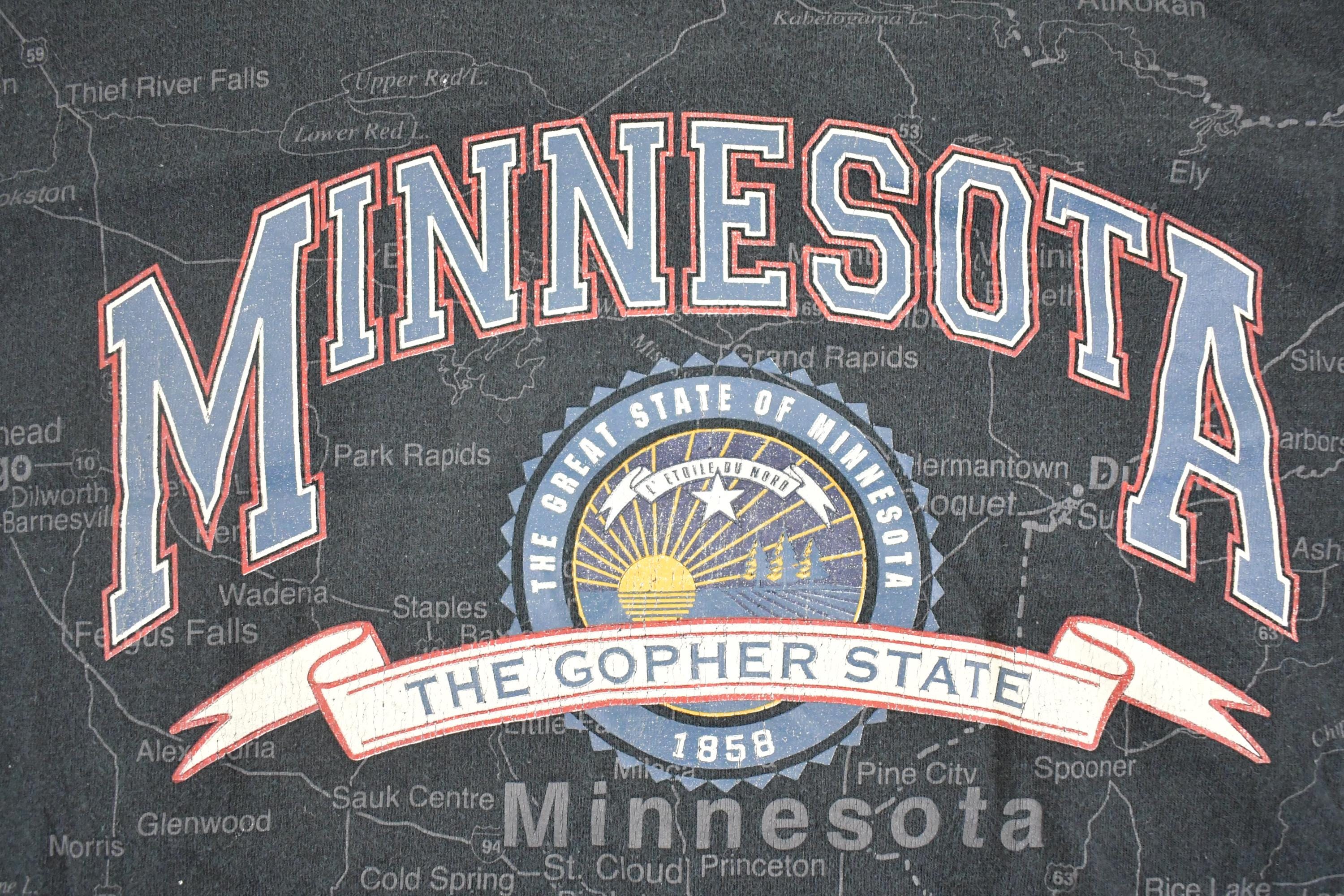Vintage 1990s Minnesota State Map AOP Souvenir Crewneck Shirt Men's XXL / 90's Tourist Vacation Graphic Shirt