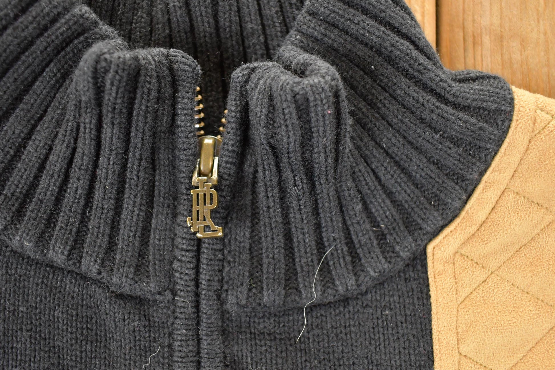 Vintage 1990s Lauren Ralph Lauren Cable Knit Suede Patchwork Full Zip Cardigan Sweater Women's L