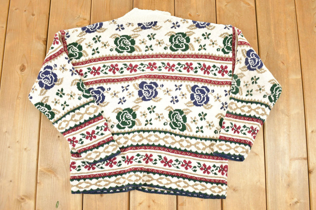 Vintage 1990s Republic Denim Floral AOP Chunky Knit Crewneck Sweater Women's L